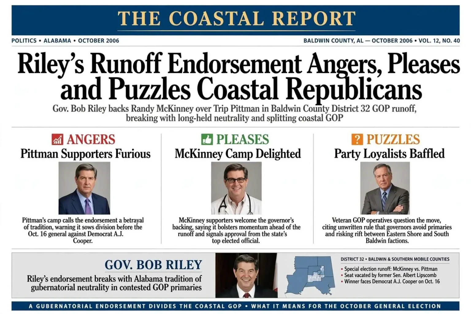 Illustration for the news story: Riley’s Runoff Endorsement Angers, Pleases and Puzzles Coastal Republicans