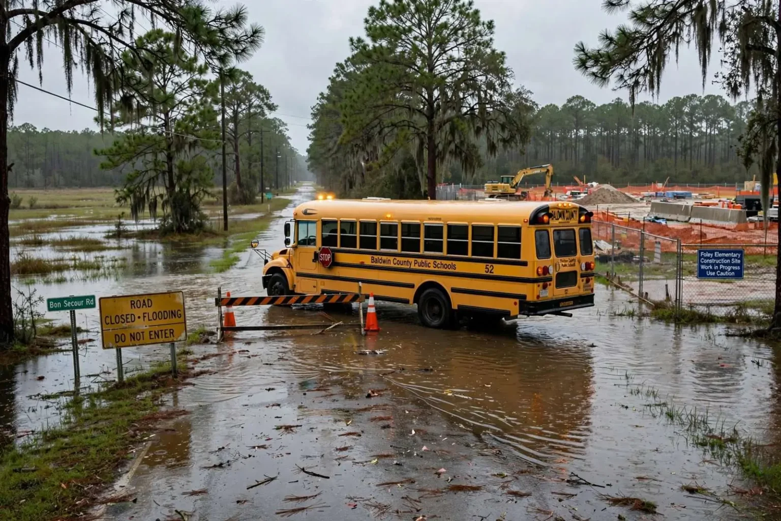 Illustration for the news story: Baldwin County Schools Stayed Open Amid Flooded Roads in 2007