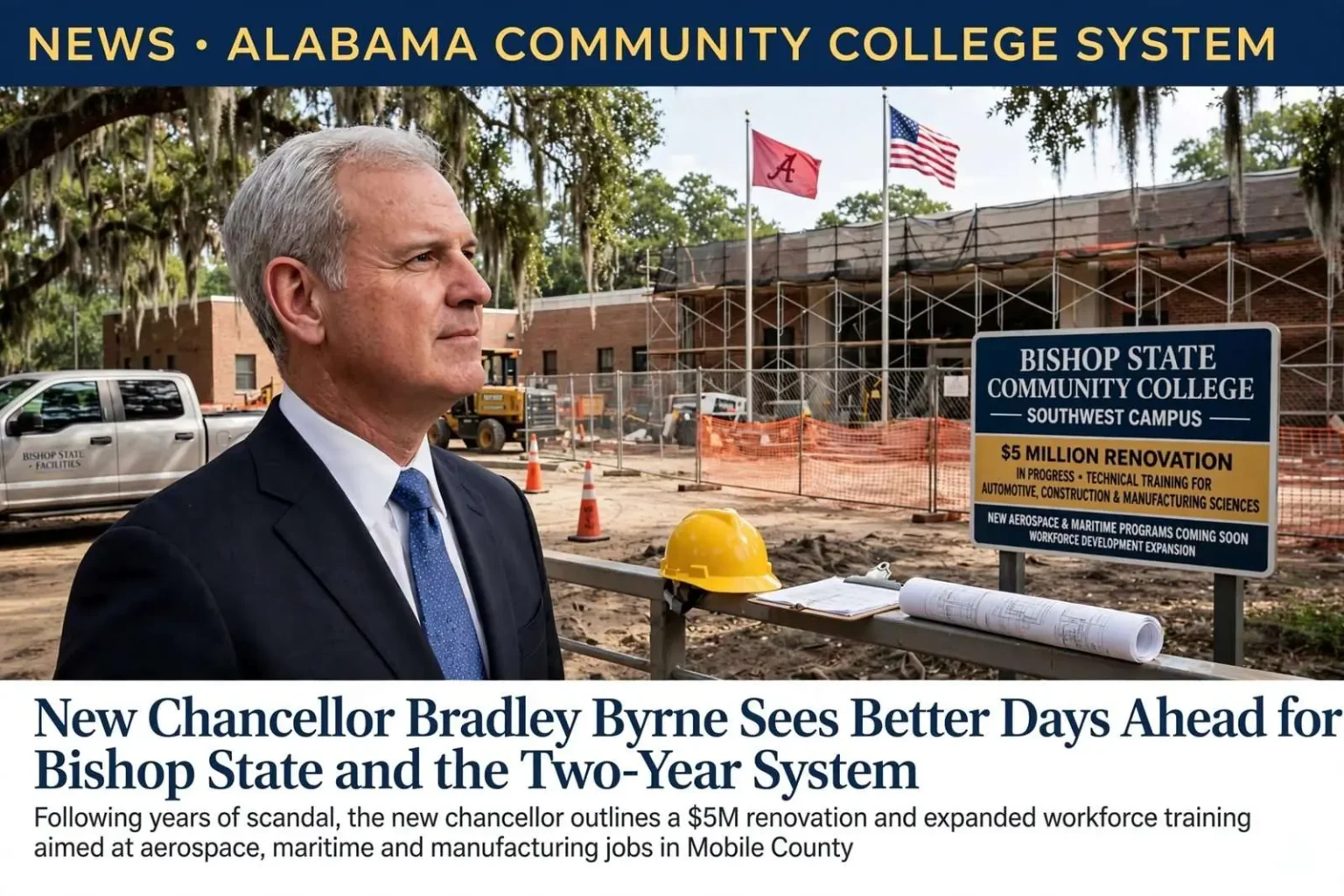 Illustration for the news story: New Chancellor Bradley Byrne Sees Better Days Ahead for Bishop State and the Two-Year System