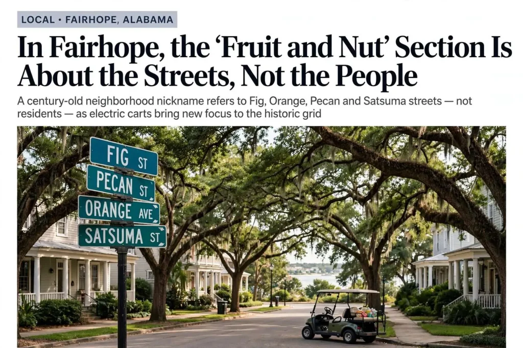 Illustration for the news story: In Fairhope, the ‘Fruit and Nut’ Section Is About the Streets, Not the People
