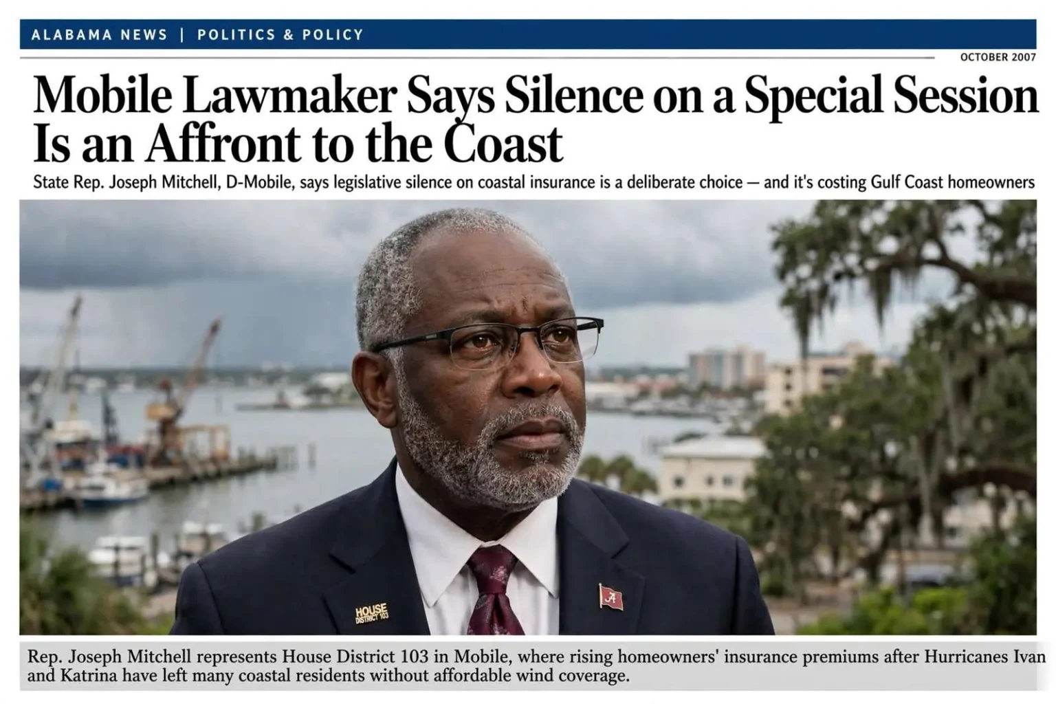 Illustration for the news story: Mobile Lawmaker Says Silence on a Special Session Is an Affront to the Coast