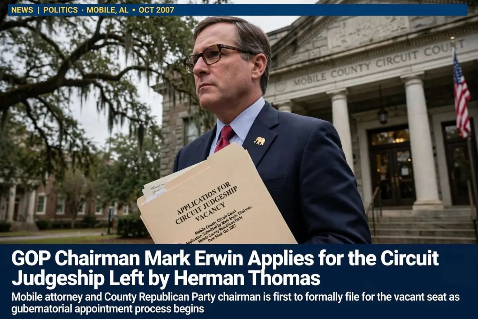 Illustration for the news story: GOP Chairman Mark Erwin Applies for the Circuit Judgeship Left by Herman Thomas