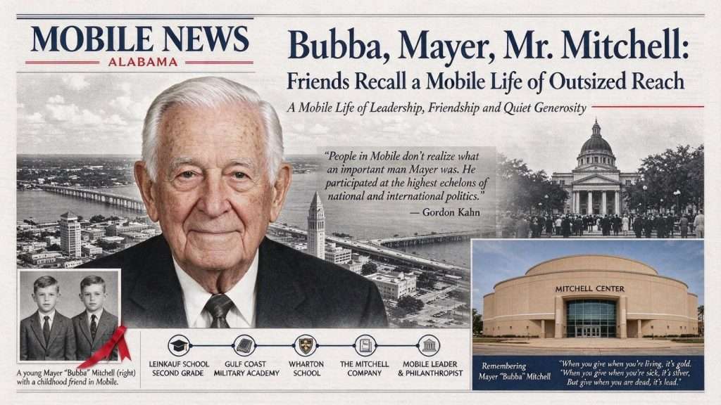 Illustration for the news story: Bubba, Mayer, Mr. Mitchell: Friends Recall a Mobile Life of Outsized Reach