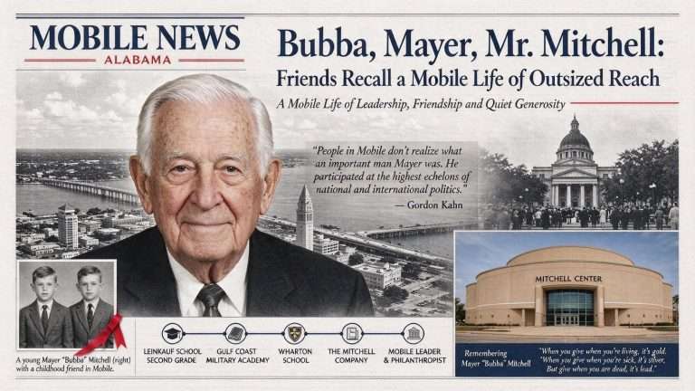 Illustration for the news story: Bubba, Mayer, Mr. Mitchell: Friends Recall a Mobile Life of Outsized Reach