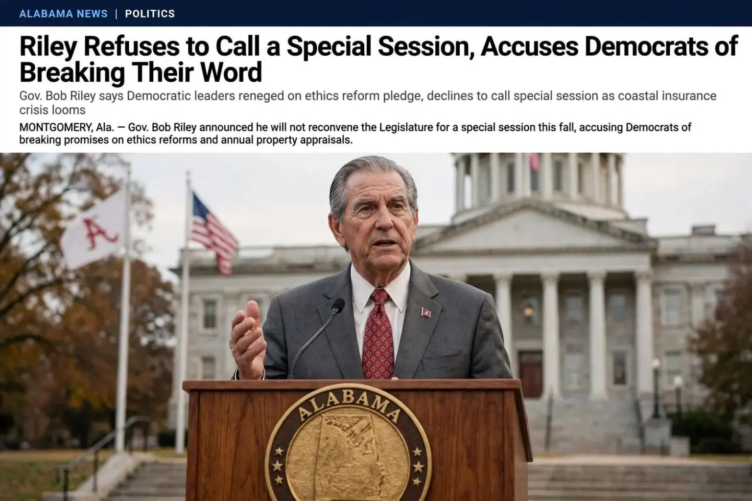 Illustration for the news story: Riley Refuses to Call a Special Session, Accuses Democrats of Breaking Their Word