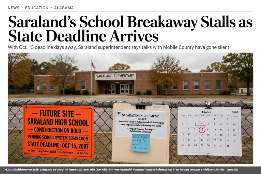 Illustration for the news story: Saraland’s School Breakaway Stalls as State Deadline Arrives
