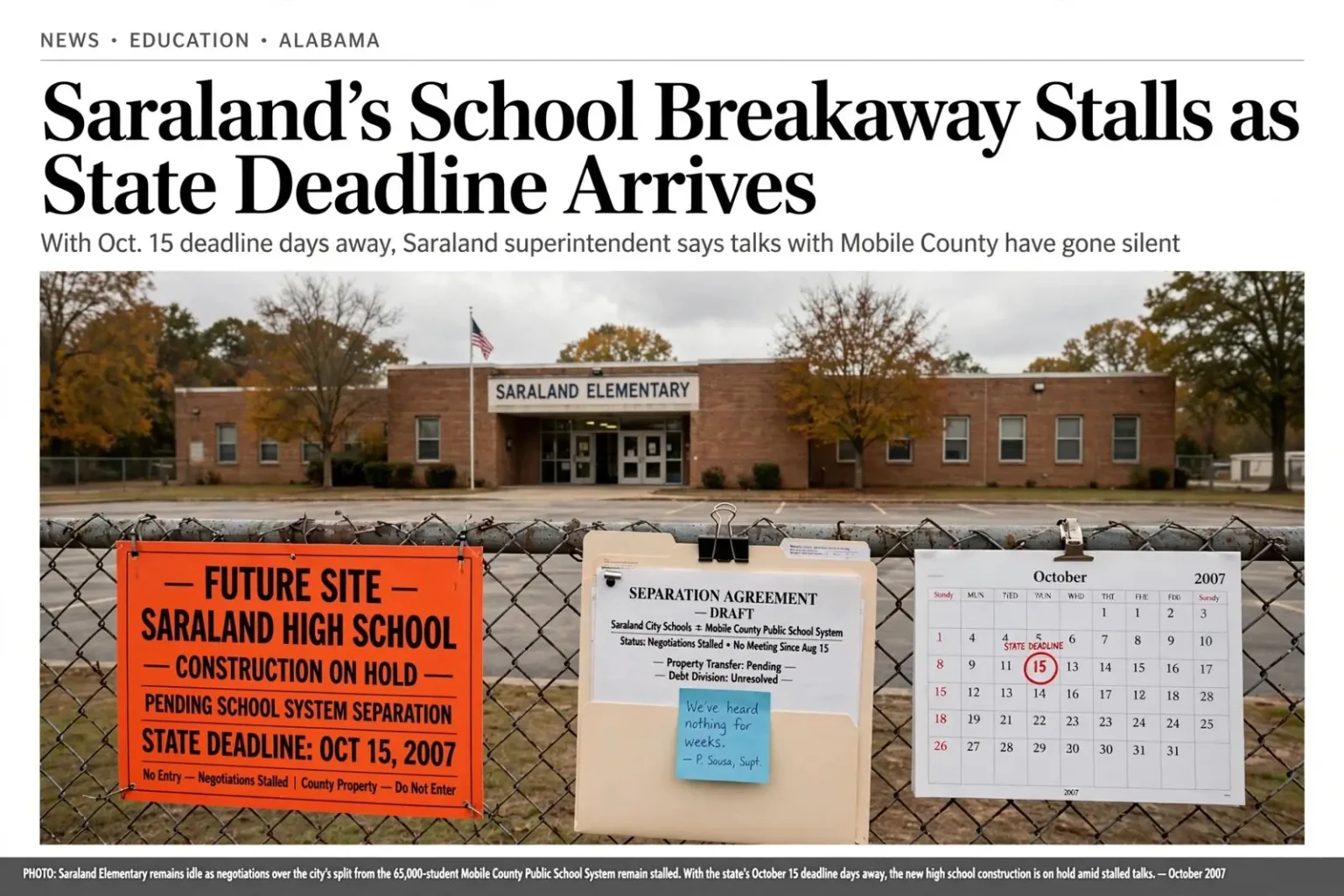 Illustration for the news story: Saraland’s School Breakaway Stalls as State Deadline Arrives