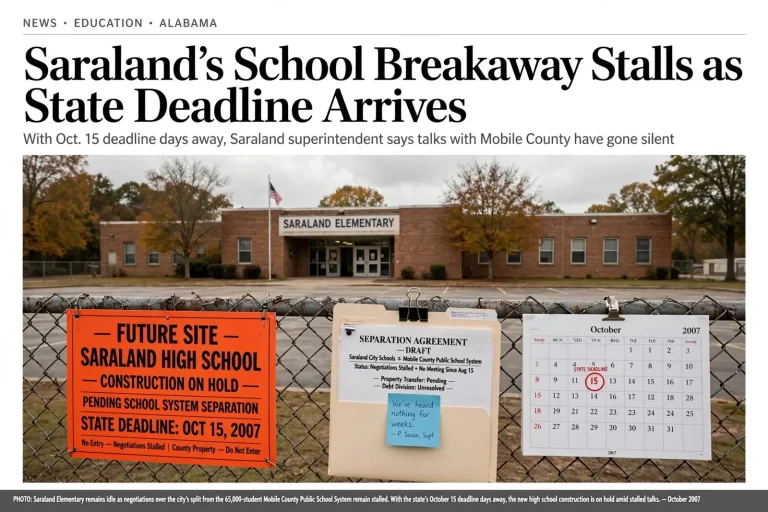 Illustration for the news story: Saraland’s School Breakaway Stalls as State Deadline Arrives