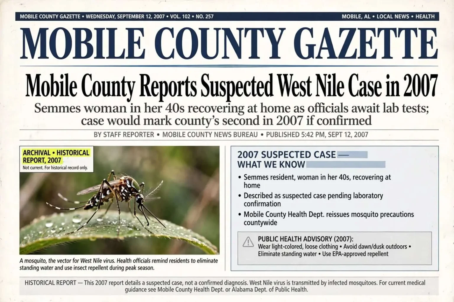 Illustration for the news story: Mobile County Reported Suspected West Nile Case in 2007