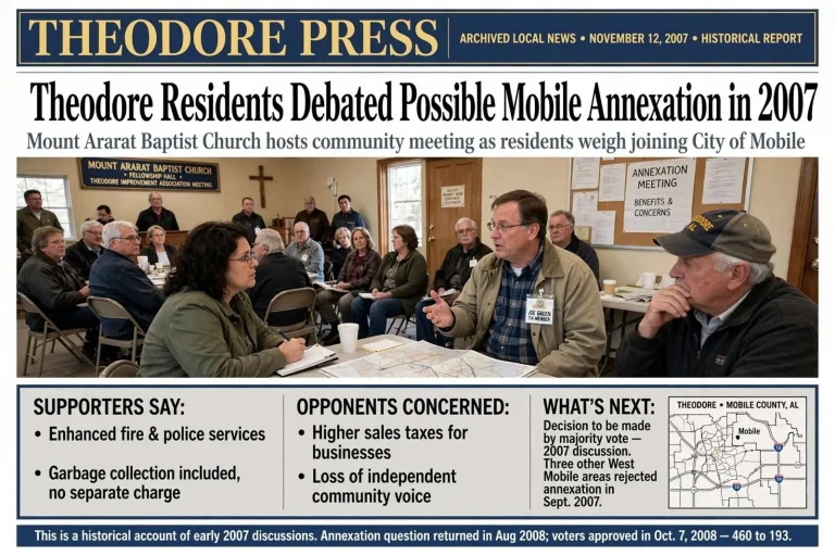 Illustration for the news story: Theodore Residents Debated Possible Mobile Annexation in 2007