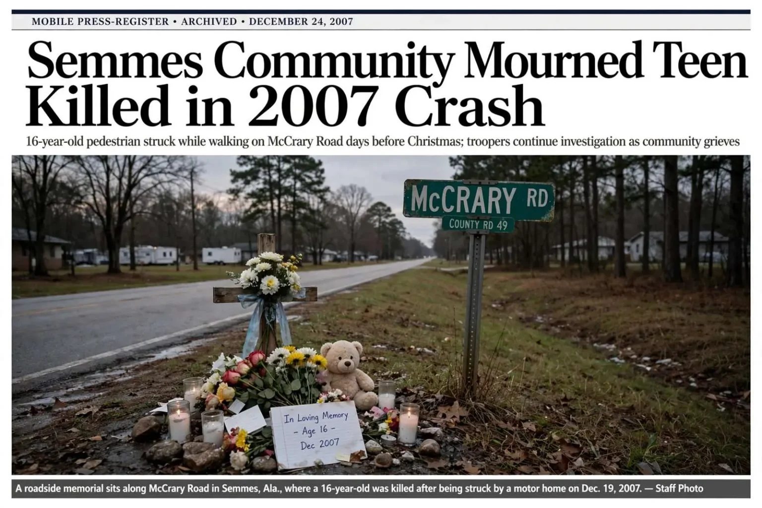Illustration for the news story: Semmes Community Mourned Teen Killed in 2007 Crash