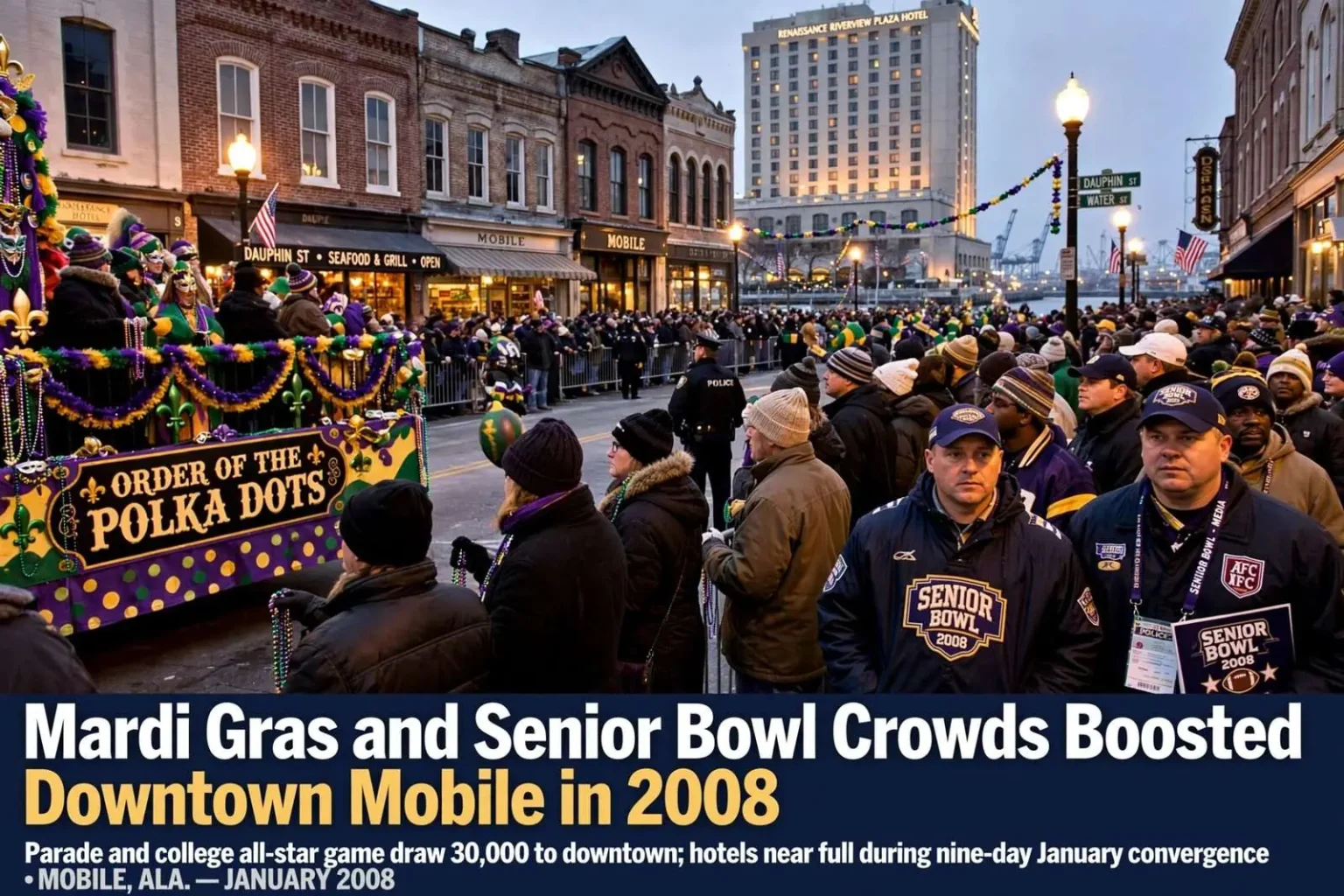 Illustration for the news story: Mardi Gras and Senior Bowl Crowds Boosted Downtown Mobile in 2008