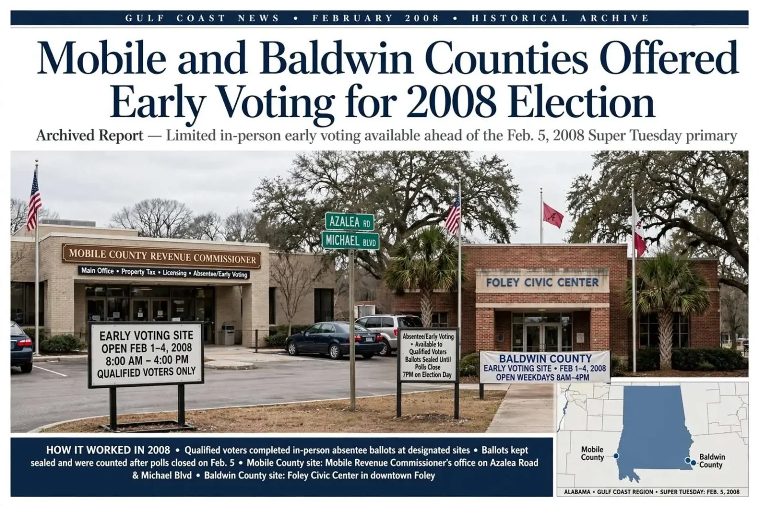 Illustration for the news story: Mobile and Baldwin Counties Offered Early Voting for 2008 Election