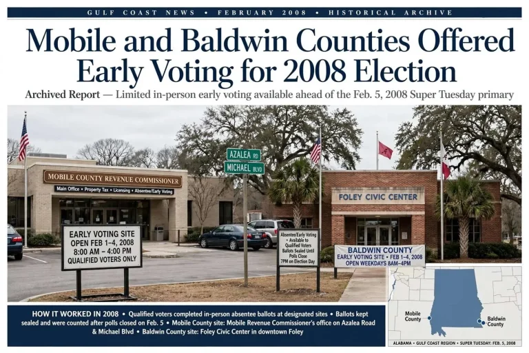 Illustration for the news story: Mobile and Baldwin Counties Offered Early Voting for 2008 Election