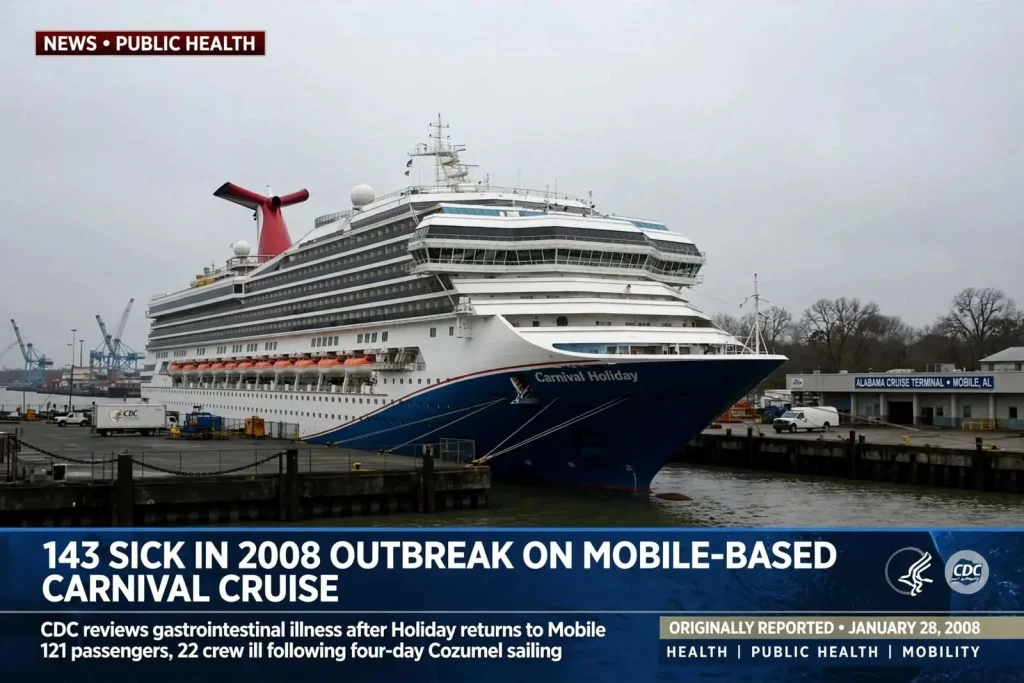 Illustration for the news story: 143 Sick in 2008 Outbreak on Mobile-Based Carnival Cruise