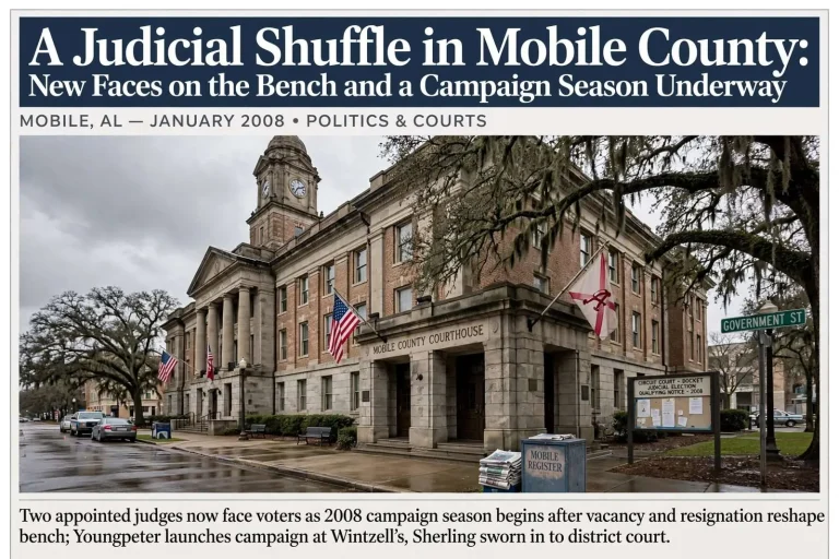 Illustration for the news story: A Judicial Shuffle in Mobile County: New Faces on the Bench and a Campaign Season Underway