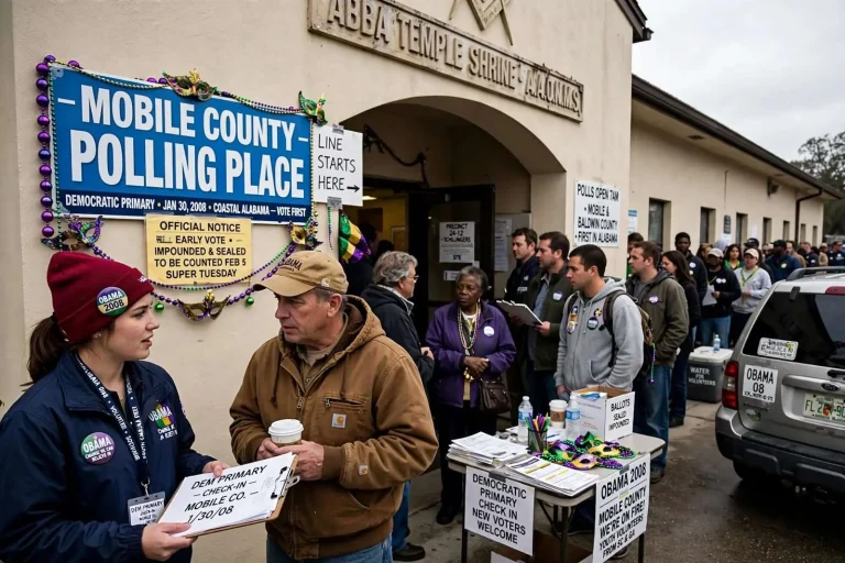 Illustration for the news story: Mobile County Voted First: Primary Day on the Coast, and an Obama Operation ‘On Fire’