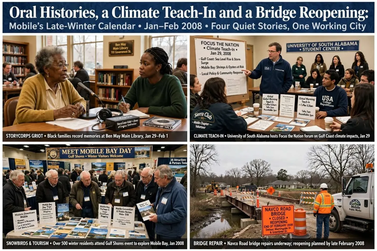 Illustration for the news story: Oral Histories, a Climate Teach-In and a Bridge Reopening: Mobile’s Late-Winter Calendar