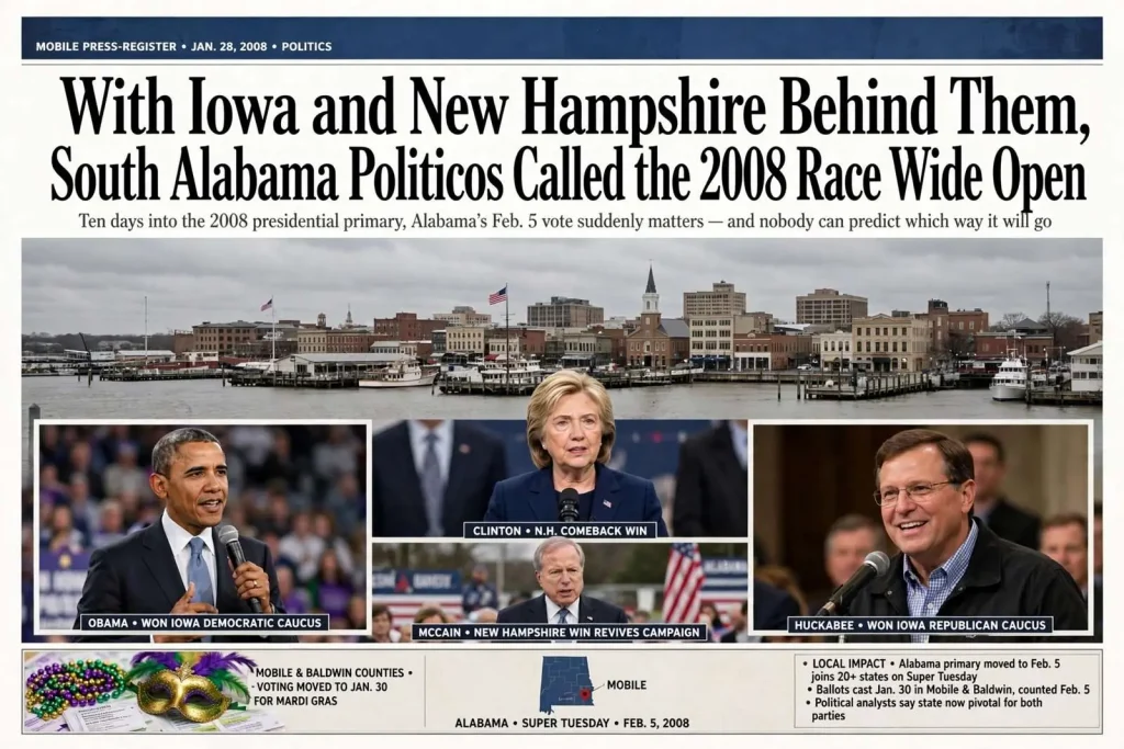 Illustration for the news story: With Iowa and New Hampshire Behind Them, South Alabama Politicos Called the 2008 Race Wide Open