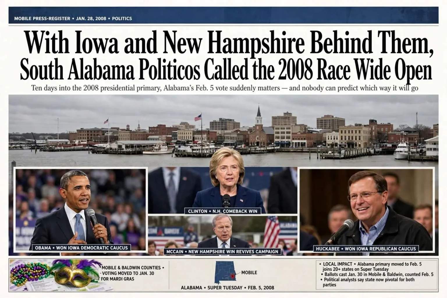 Illustration for the news story: With Iowa and New Hampshire Behind Them, South Alabama Politicos Called the 2008 Race Wide Open