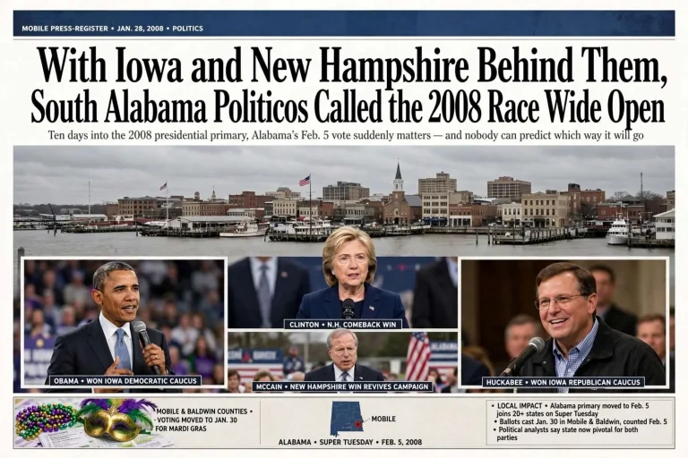 Illustration for the news story: With Iowa and New Hampshire Behind Them, South Alabama Politicos Called the 2008 Race Wide Open