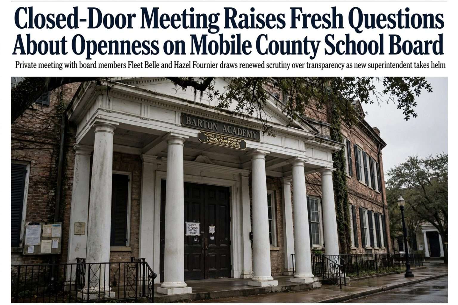 Illustration for the news story: Closed-Door Meeting Raises Fresh Questions About Openness on Mobile County School Board