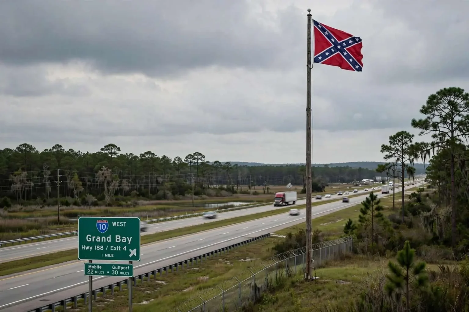 Illustration for the news story: Confederate Flag Raised Along I-10 Near Grand Bay Sparks Public Backlash