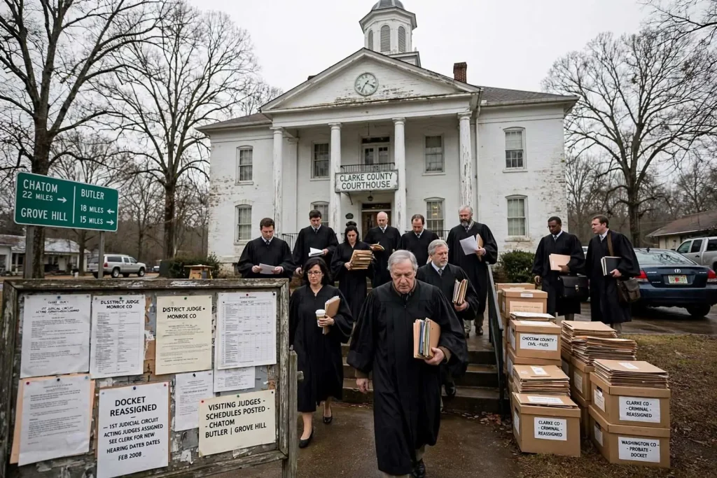 Illustration for the news story: Nine Judges Were Pressed Into Service to Cover a Suspended Judge’s Docket
