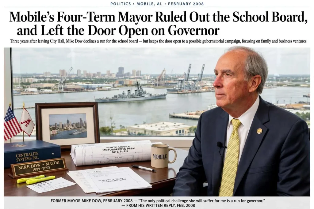 Illustration for the news story: Mobile’s Four-Term Mayor Ruled Out the School Board, and Left the Door Open on Governor