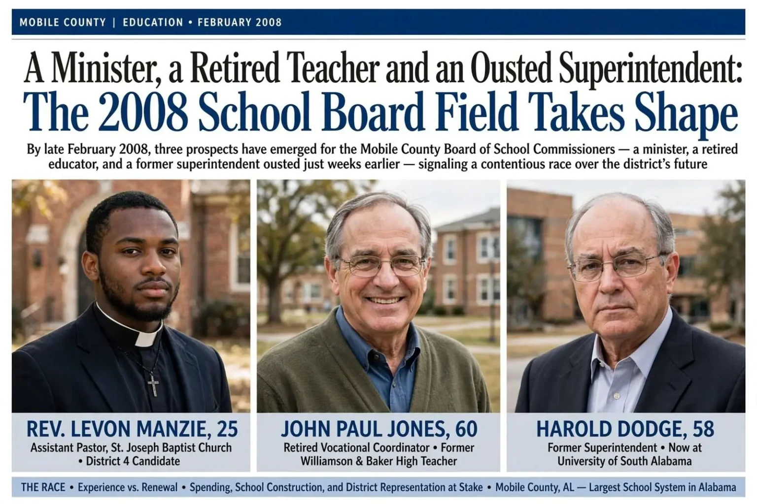Illustration for the news story: A Minister, a Retired Teacher and an Ousted Superintendent: The 2008 School Board Field Takes Shape