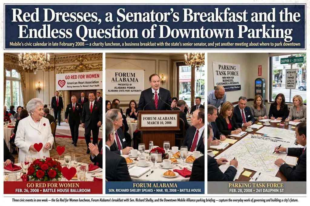 Illustration for the news story: Red Dresses, a Senator’s Breakfast and the Endless Question of Downtown Parking