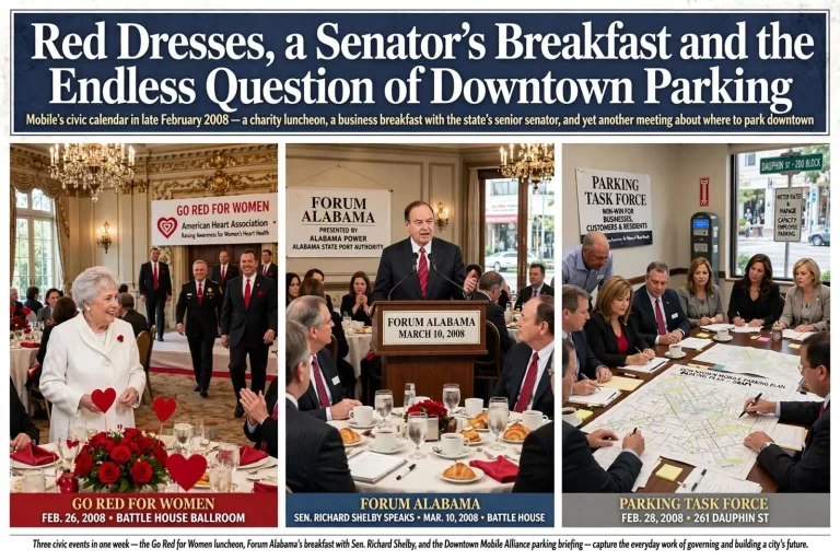 Illustration for the news story: Red Dresses, a Senator’s Breakfast and the Endless Question of Downtown Parking