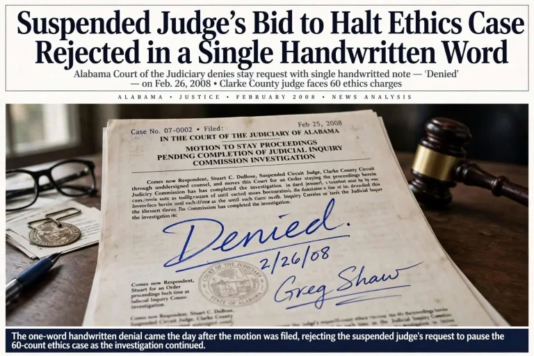 Illustration for the news story: Suspended Judge’s Bid to Halt Ethics Case Rejected in a Single Handwritten Word