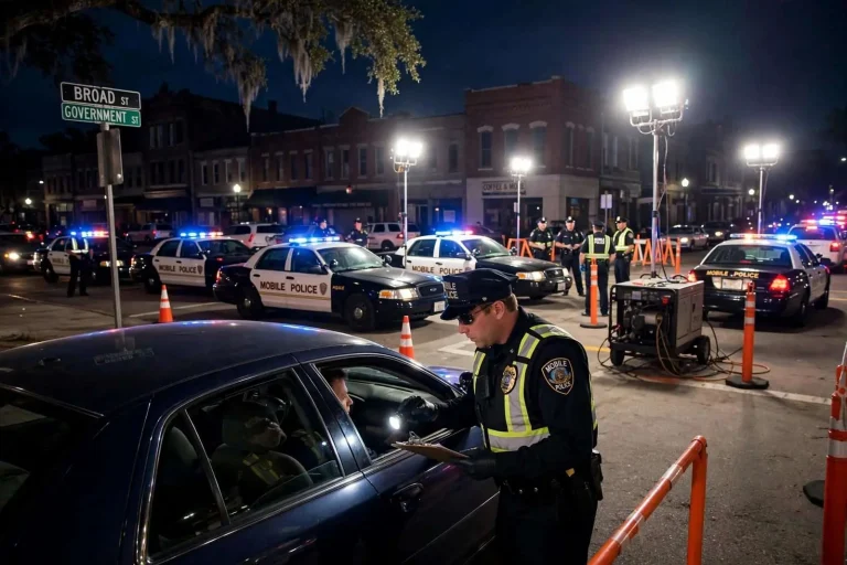 Illustration for the news story: As Robberies Rise, Mobile Steps Up Weekend Checkpoints Downtown and in Midtown