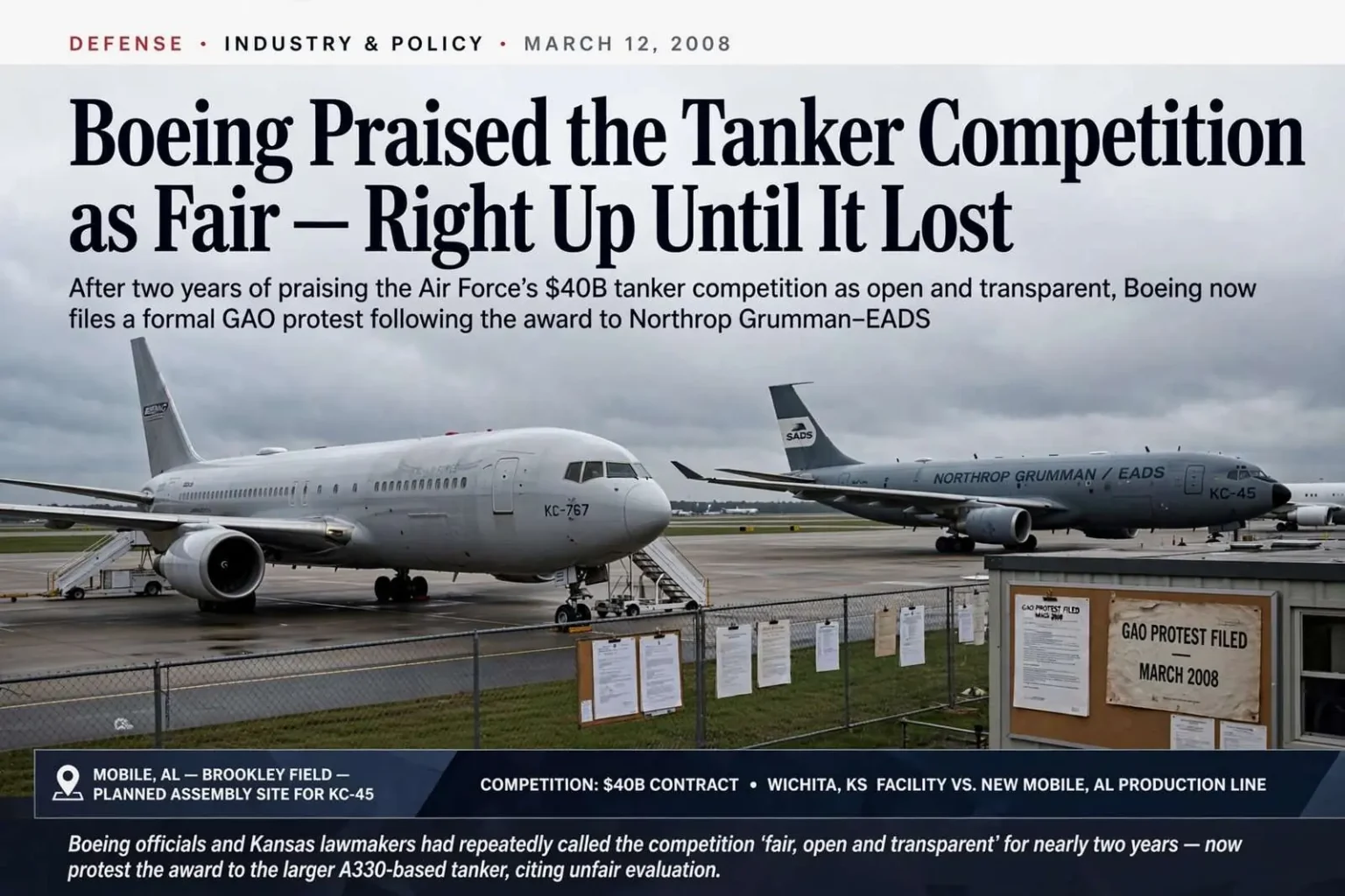 Illustration for the news story: Boeing Praised the Tanker Competition as Fair — Right Up Until It Lost