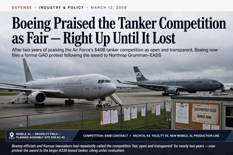 Illustration for the news story: Boeing Praised the Tanker Competition as Fair — Right Up Until It Lost