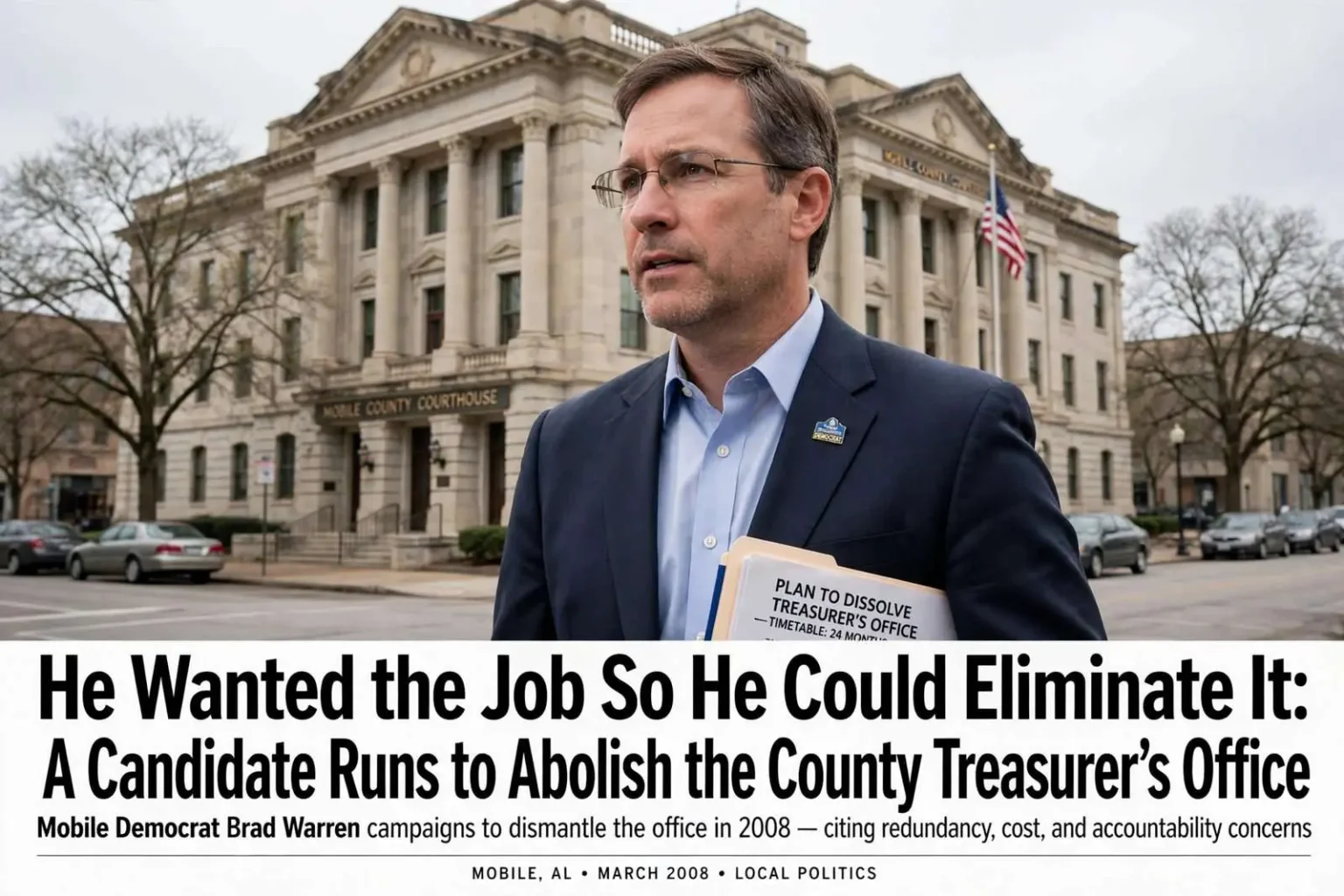 Illustration for the news story: He Wanted the Job So He Could Eliminate It: A Candidate Runs to Abolish the County Treasurer’s Office
