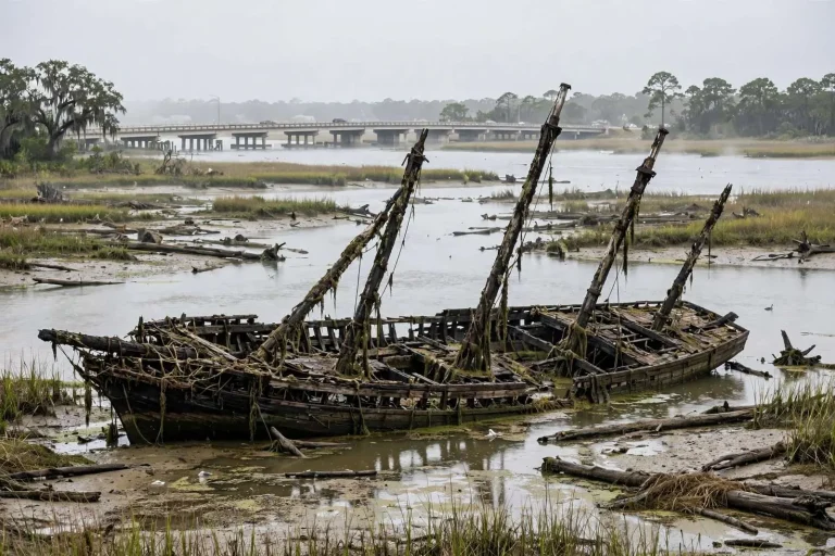 Illustration for the news story: The Chiquimula: A Schooner’s Last Berth at the Mobile Bay Causeway