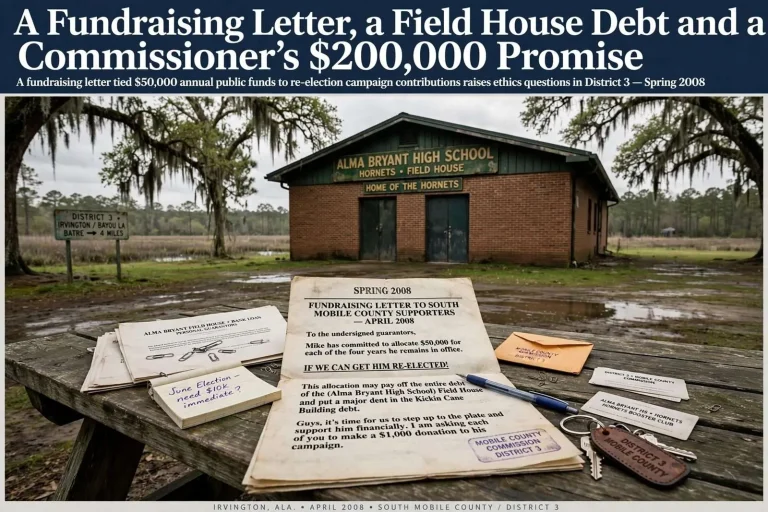 Illustration for the news story: A Fundraising Letter, a Field House Debt and a Commissioner’s $200,000 Promise