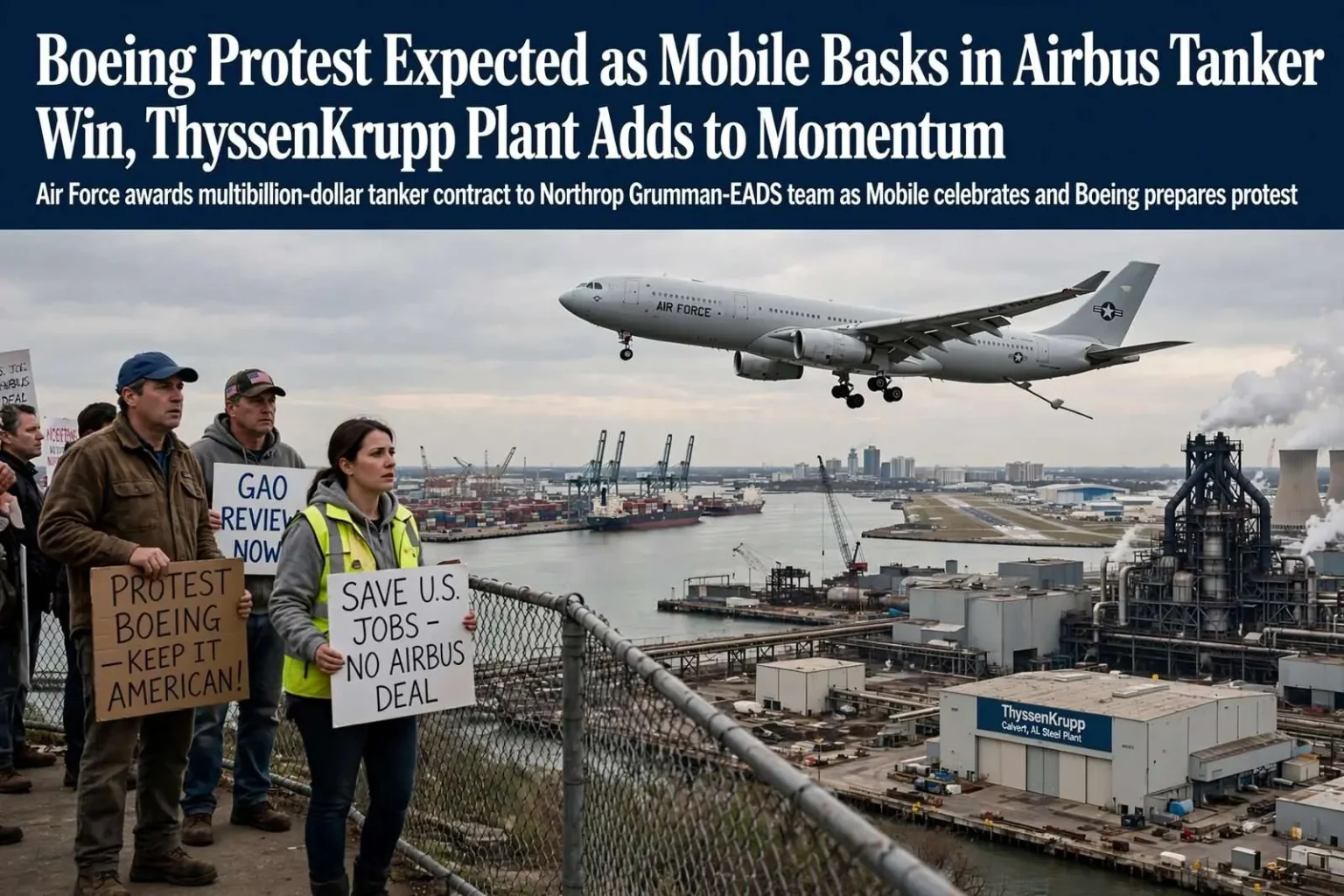 Illustration for the news story: Boeing Protest Expected as Mobile Basks in Airbus Tanker Win, ThyssenKrupp Plant Adds to Momentum