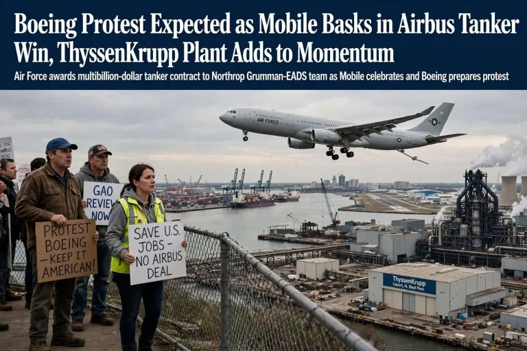 Illustration for the news story: Boeing Protest Expected as Mobile Basks in Airbus Tanker Win, ThyssenKrupp Plant Adds to Momentum