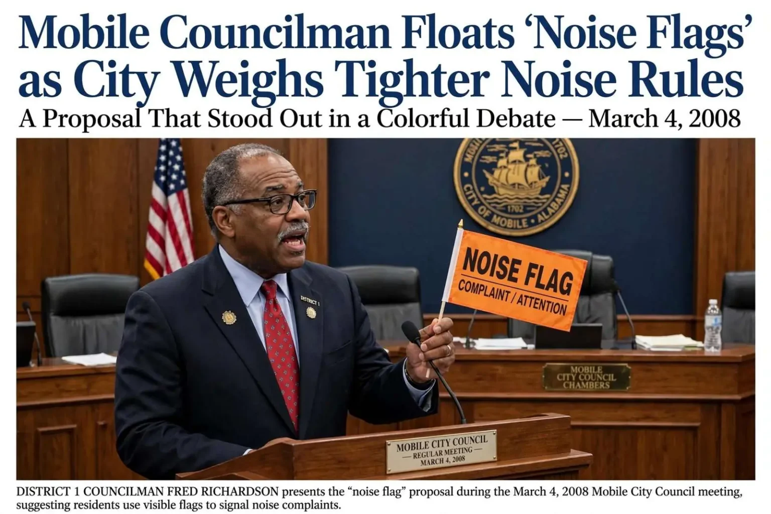 Illustration for the news story: Mobile Councilman Floats ‘Noise Flags’ as City Weighs Tighter Noise Rules