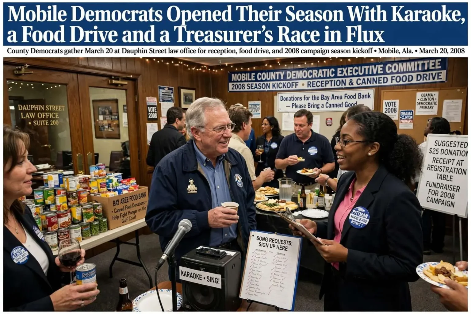 Illustration for the news story: Mobile Democrats Opened Their Season With Karaoke, a Food Drive and a Treasurer’s Race in Flux