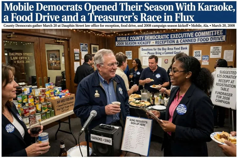 Illustration for the news story: Mobile Democrats Opened Their Season With Karaoke, a Food Drive and a Treasurer’s Race in Flux