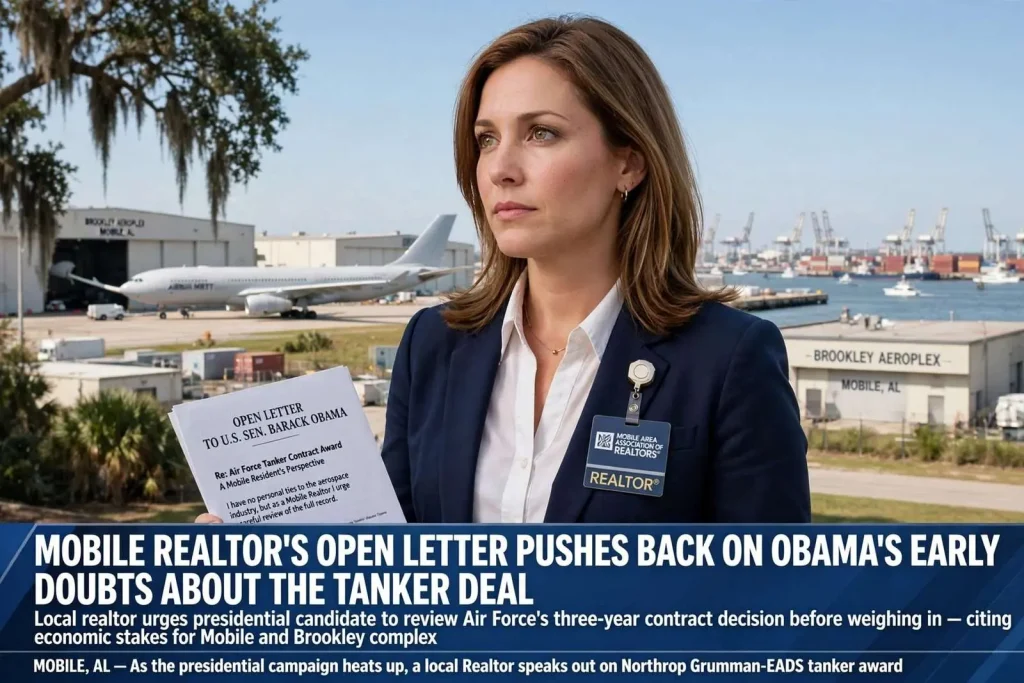 Illustration for the news story: Mobile Realtor’s Open Letter Pushes Back on Obama’s Early Doubts About the Tanker Deal