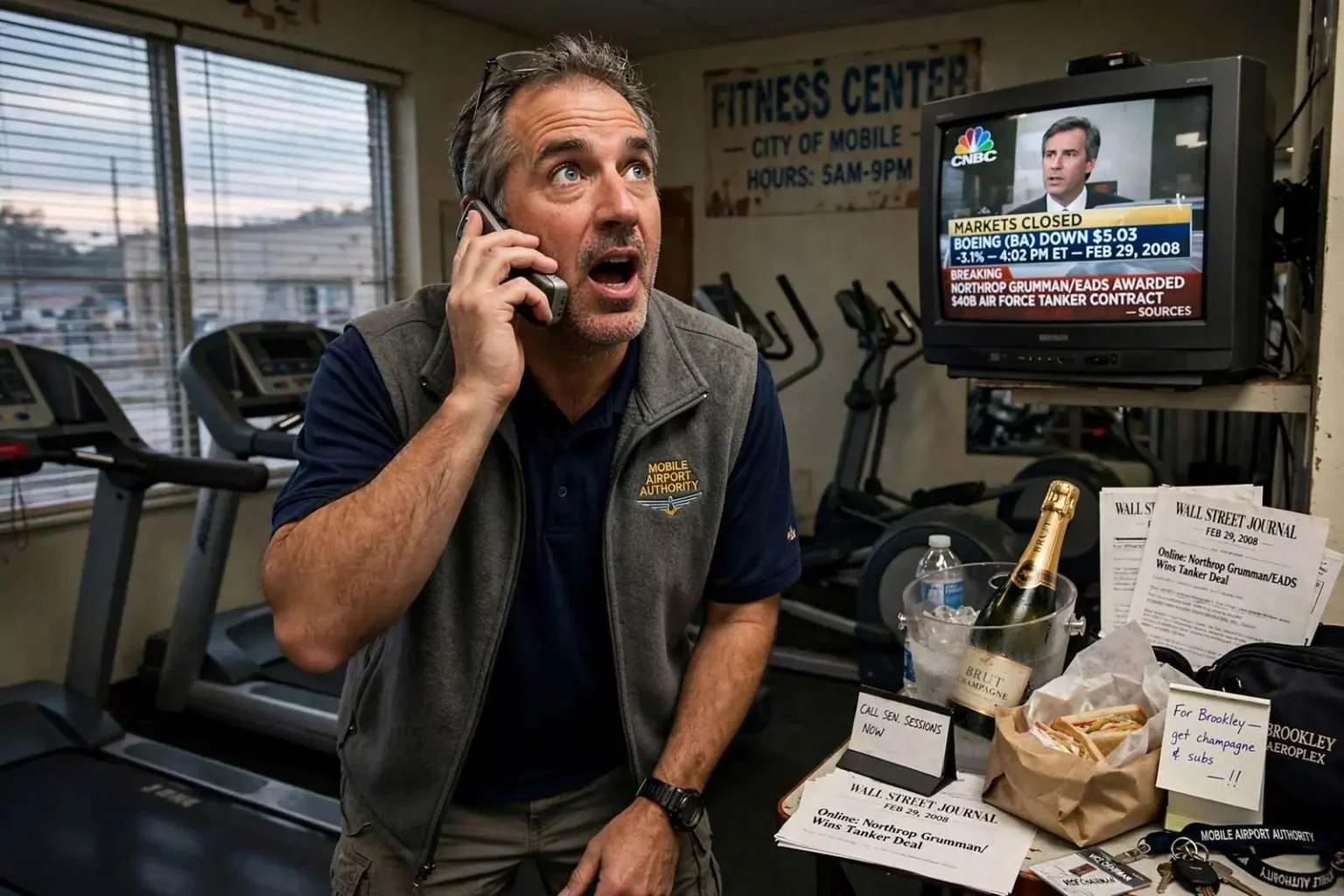 Illustration for the news story: A Falling Stock Price, a Phone Call to a Senator, and Champagne at Brookley