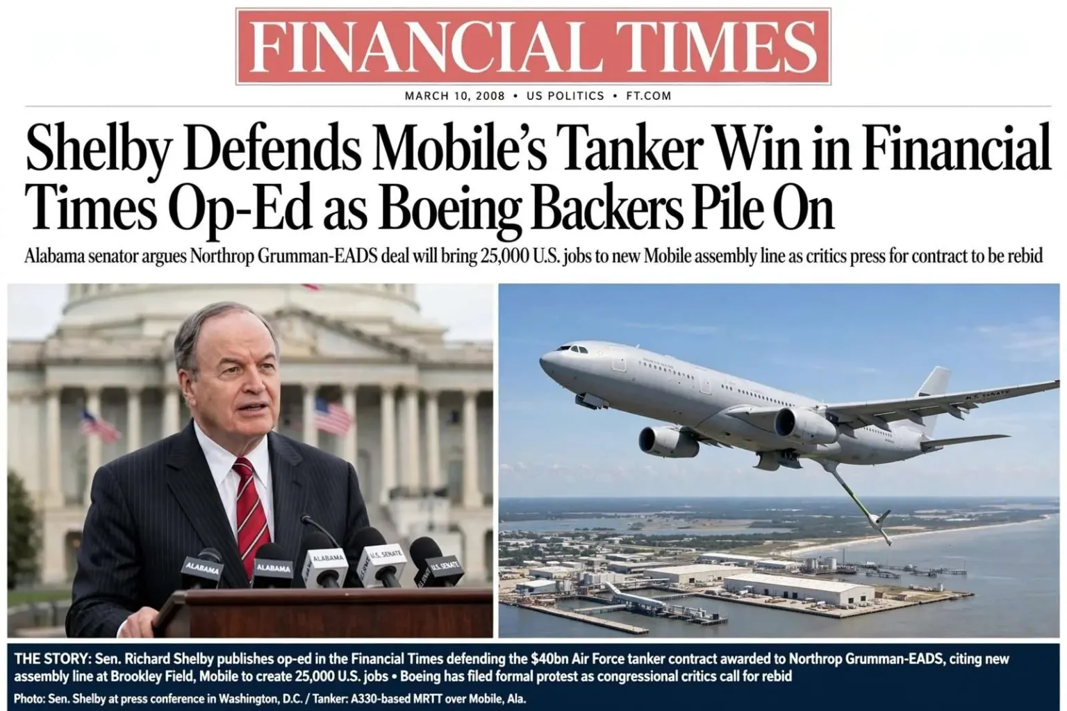Illustration for the news story: Shelby Defends Mobile’s Tanker Win in Financial Times Op-Ed as Boeing Backers Pile On