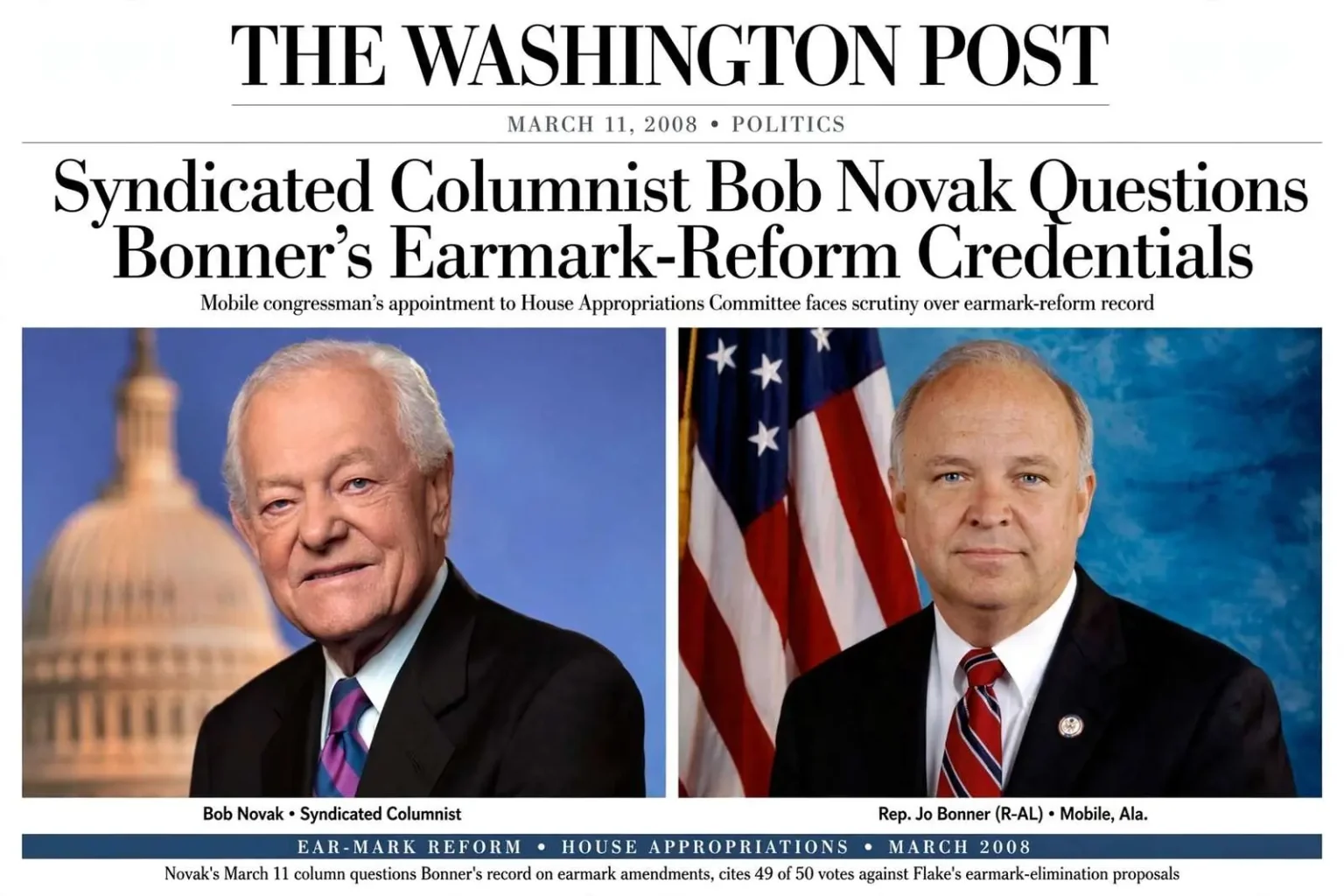 Illustration for the news story: Syndicated Columnist Bob Novak Questions Bonner’s Earmark-Reform Credentials