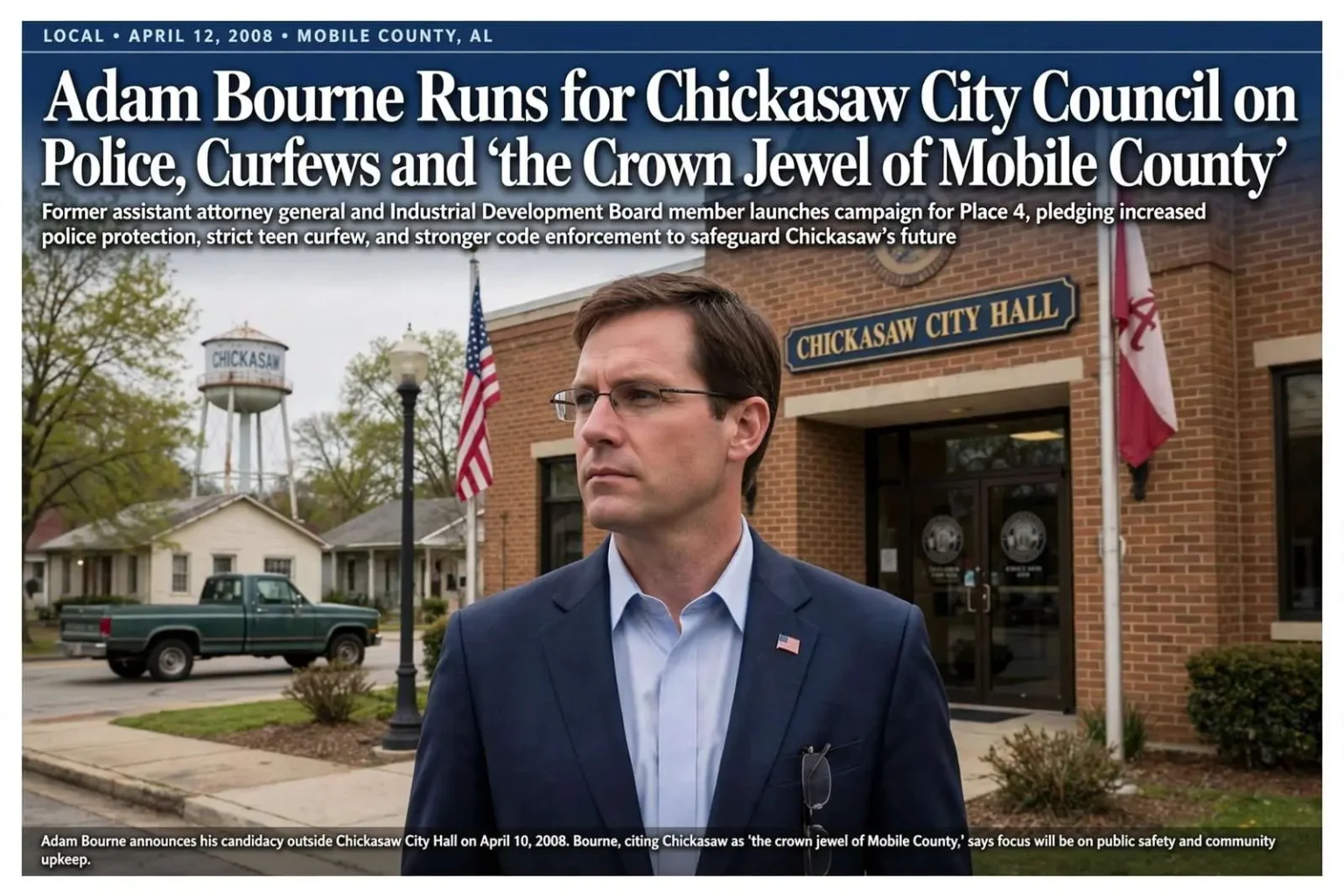 Illustration for the news story: Adam Bourne Runs for Chickasaw City Council on Police, Curfews and ‘the Crown Jewel of Mobile County’