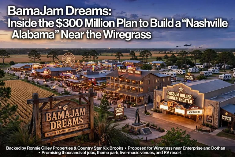 Illustration for the news story: BamaJam Dreams: Inside the $300 Million Plan to Build a “Nashville in Alabama” Near the Wiregrass